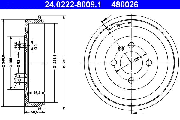 ATE Brake Drum 24.0222-8009.1