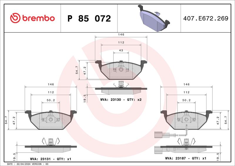 BREMBO Brake Pad Set, disc brake P 85 072